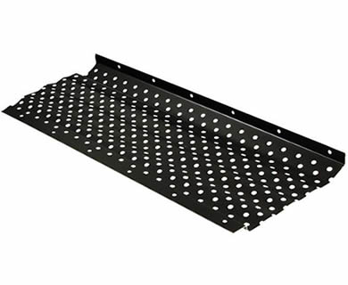 A black painted perforated gutter guard on the white background.