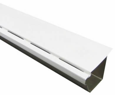 A white gutter guard made of PVC lays inclined on the white background.